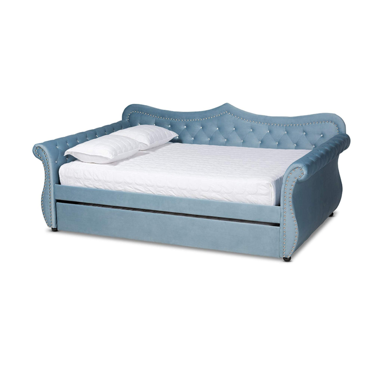Baxton Studio Abbie Traditional and Transitional Light Blue Velvet Fabric Upholstered and Crystal Tufted Full Size Daybed with Trundle