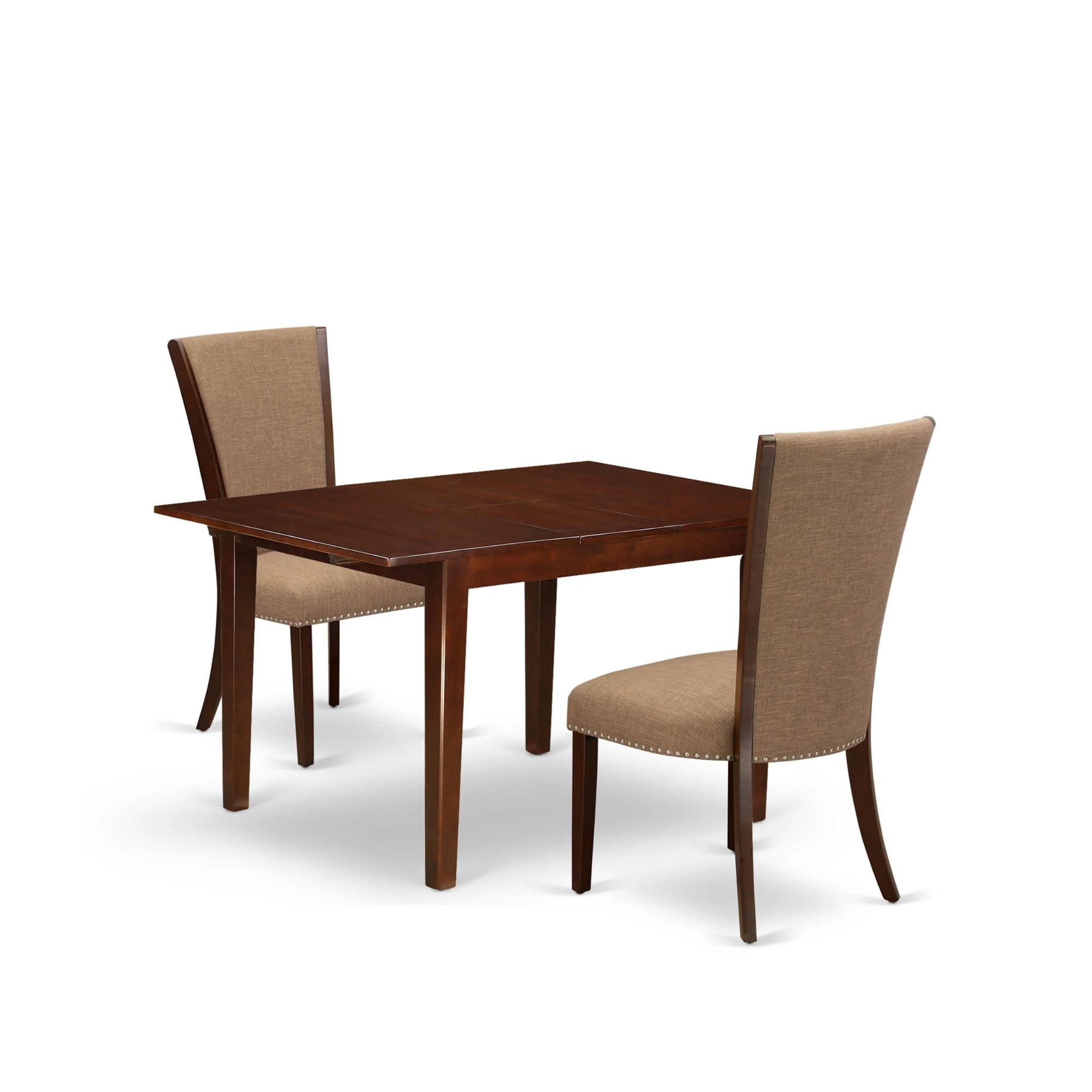 East West Furniture Mlve3-Mah-47 3 Piece Dining Table Set Contains A Rectangle Wooden Table With Butterfly Leaf And 2 Light Sable Linen Fabric Upholstered Chairs, 36X54 Inch, Mahogany