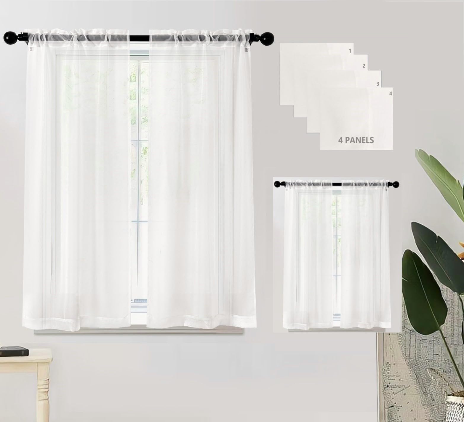 Pi 4 Panels Sheer Curtains,Small Window Treatment Light Voile With Rod Pocket For Café/Kitchen/Bedroom/Living Room(W42Xl45,Beige)