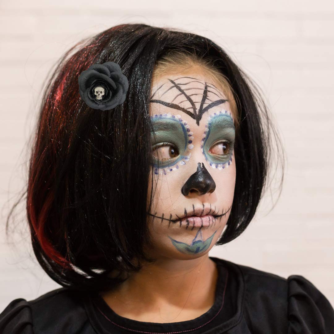Halloween Gothic Hair Flower Accessory, Artificial Black Rose Hair Pins With Skeleton Head And Monster Eyeball, Dark Creepy Flow