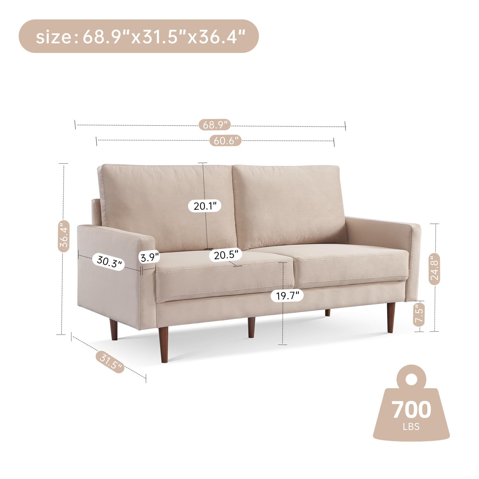 American Furniture Classics Beige 69 Inch Wide Upholstered Two Cushion Sofa with Square Arms Velvet, 69&quot; x 32&quot; x 37&quot;