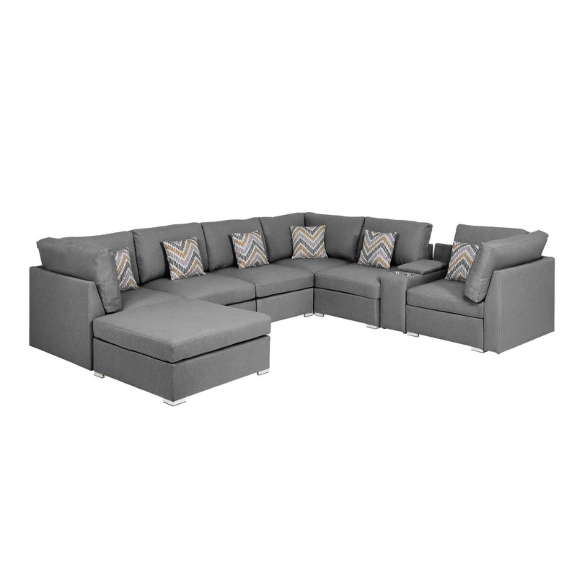 Lilola Home Amira Gray Fabric Reversible Modular Sectional Sofa with USB Console and Ottoman
