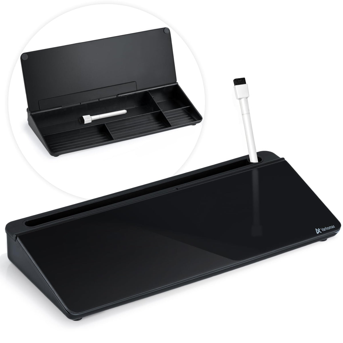 Varhomax Glass Desk Whiteboard With Storage, Desk Buddy To-Do List Memo Desktop Dry Erase White Board Keyboard Stand Desk Organi