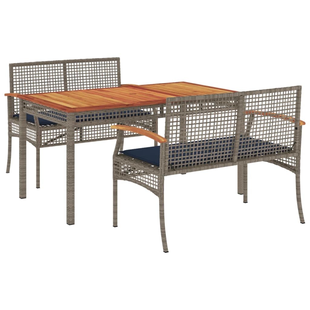 vidaXL Patio Dining Set 3 Piece with Cushions - Gray Poly Rattan, Acacia Wood Table, Outdoor Garden Backyard Furniture - 55.1&quot;x31.5&quot;x29.5&quot;