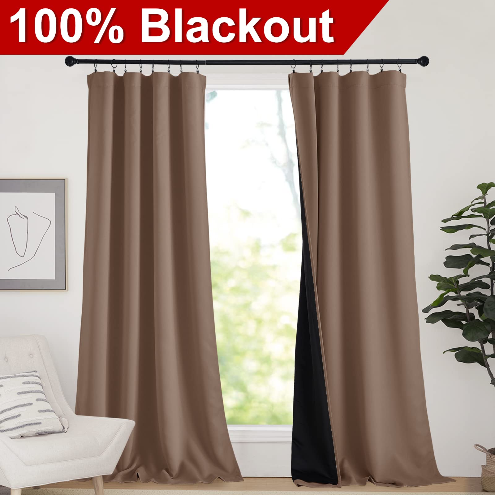 Nicetown Complete Blackout Room Warming Shades For Large Window Door, 100% Blackout Window Curtain Panels With Black Lined, 52 I