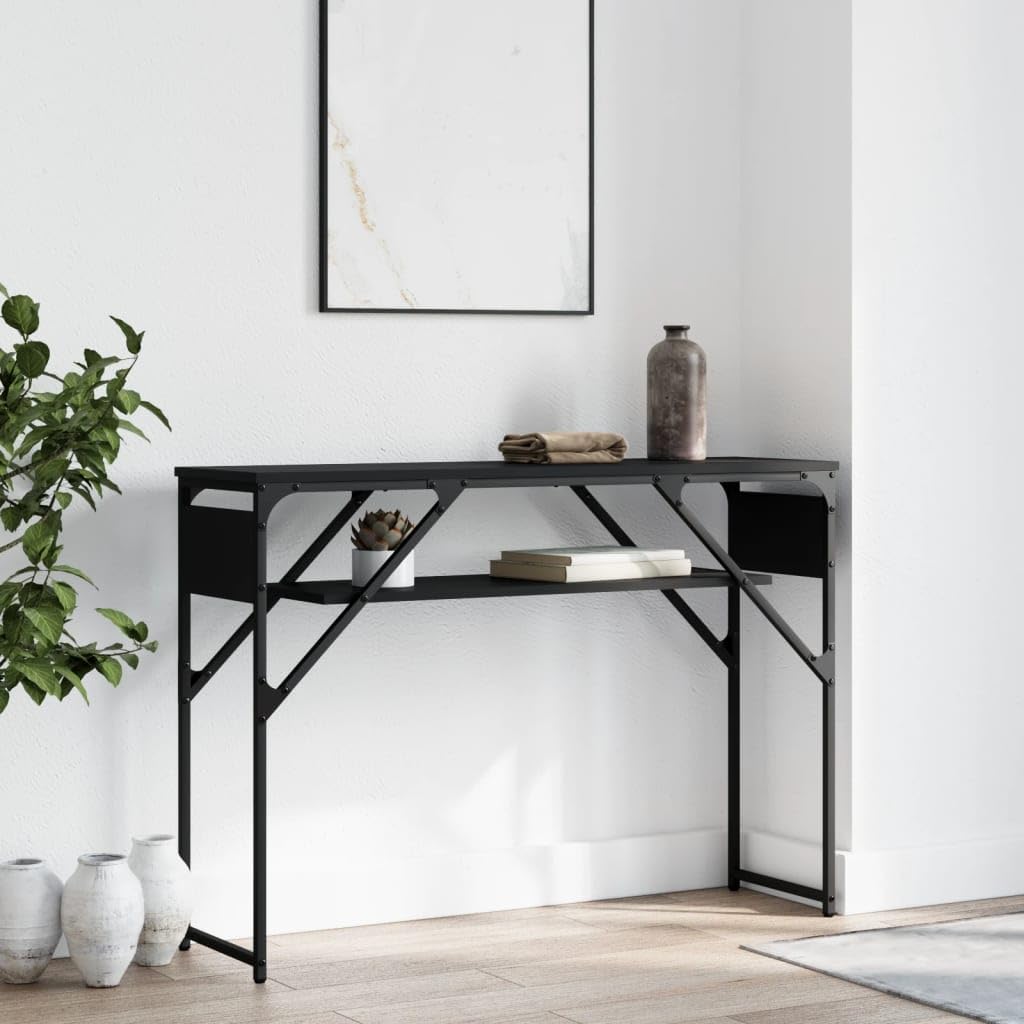 vidaXL Black Console Table with Shelf, Engineered Wood and Metal Frame, Industrial Style Entryway Hallway Living Room Furniture