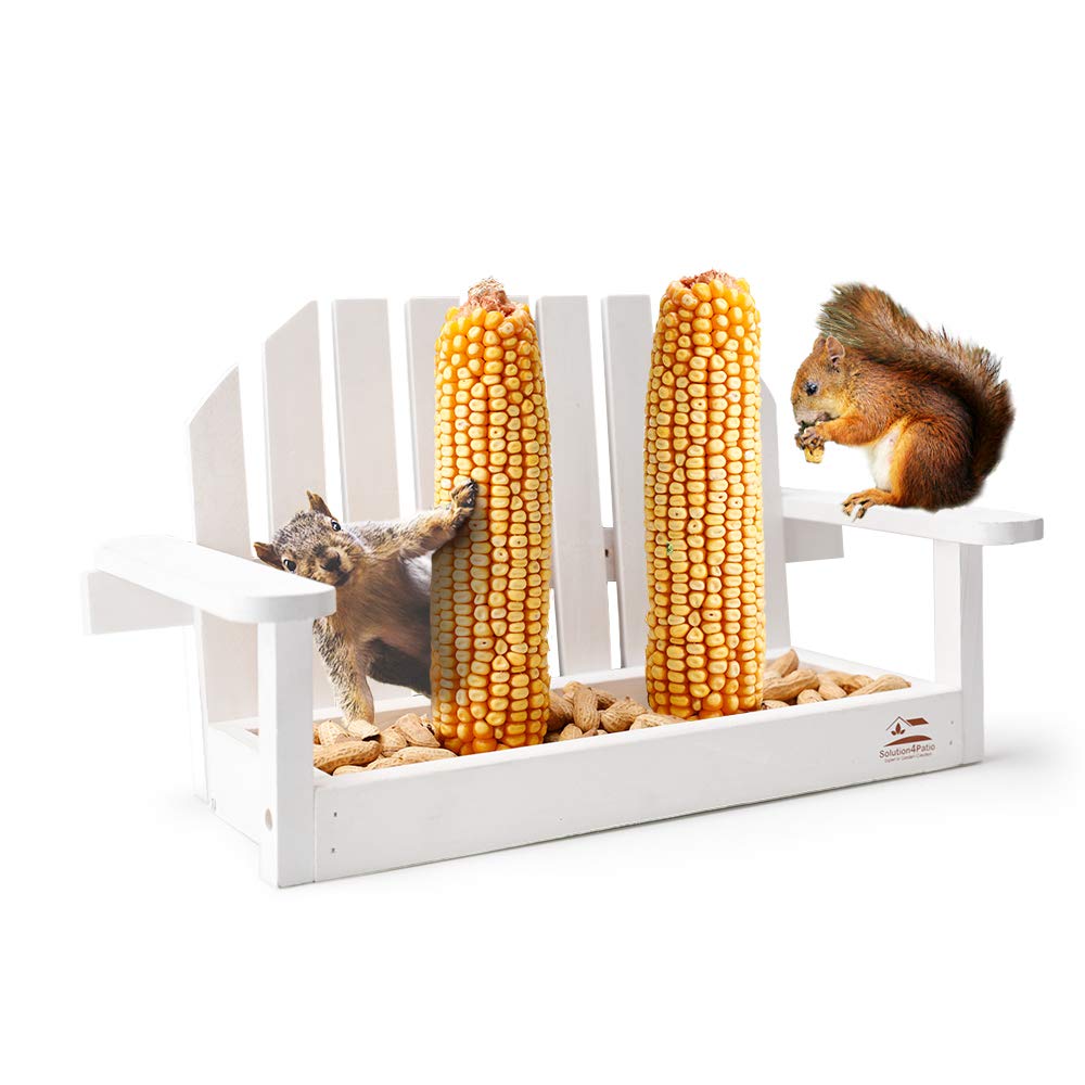 Solution4Patio White Bench Chair Chipmunk & Squirrel Feeder, Mesh Bottom, 2 Corn Cob Holders, Peanut Or Acorn Loader, Solid Pine