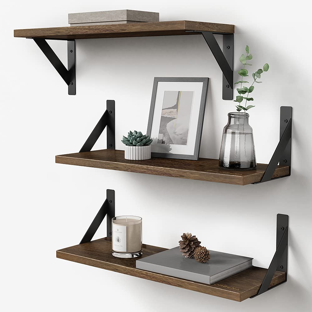 Rustic Floating Shelves Wall Mounted Set of 3, 17 Inch Natural Wood Wall Shelves, Decor Storage Shelf for Bedroom Bathroom Livin