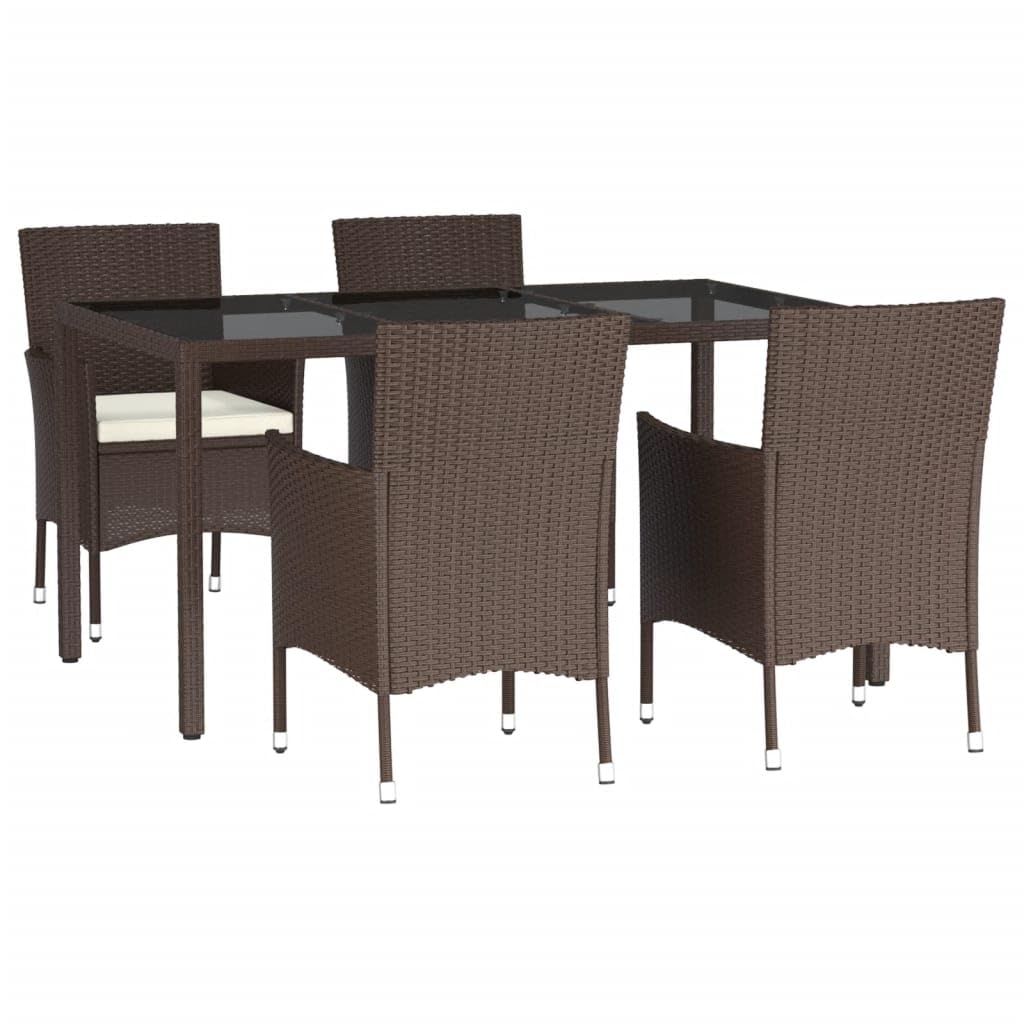 vidaXL - 5 Piece Brown Patio Dining Set with Cushions - Poly Rattan Outdoor Furniture, Tempered Glass Tabletop & Padded Chairs for Garden/Deck/Patio