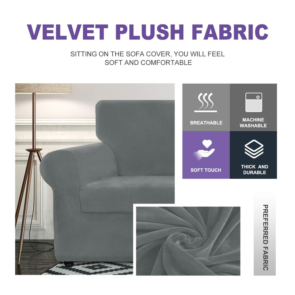 Znsayotx Luxury Velvet Couch Cover 4 Piece Stretch Sofa Covers For 3 Cushion Couch Thick Soft Spandex Sofa Slipcover Living Room Anti Slip Dogs Furniture Protector (Light Grey), 71'-91'(3 Cushions)
