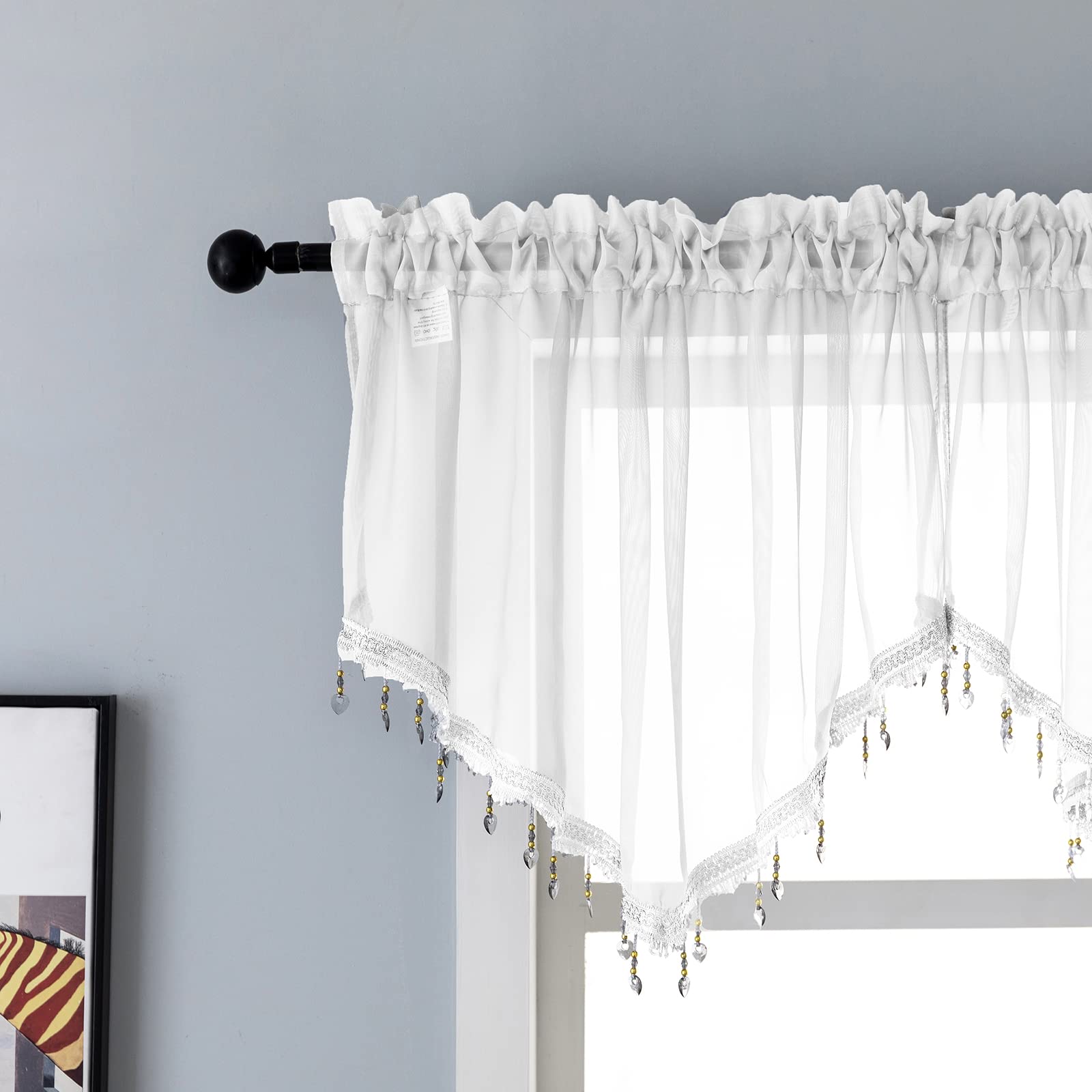 Pearage Beaded Triangle Sheer Valance Curtains For Living Room,Rod Pocket Farmhouse Window Valance, Bead Trim Tassel Voile Sheer
