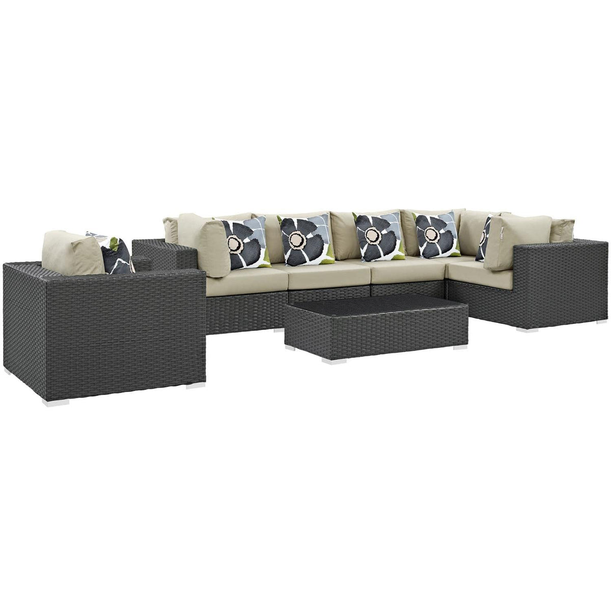 Modway Eei-2374-Chc-Bei-Set Sojourn Wicker Rattan 7 Piece Outdoor Patio Sunbrella Sectional Set In Canvas Antique Beige
