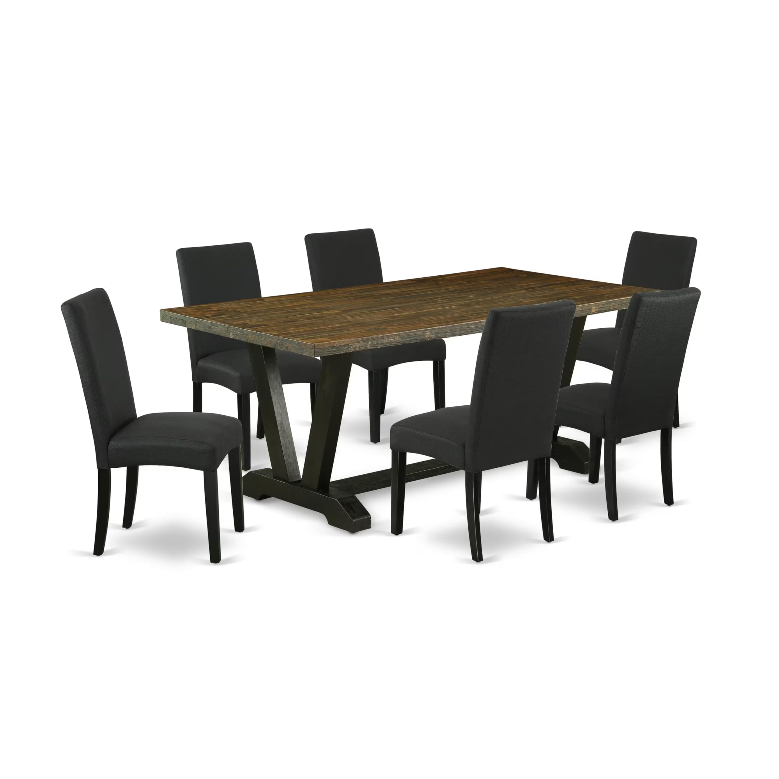 East West Furniture V677Dr124-7 7 Piece Dining Set Consist Of A Rectangle Dining Room Table With V-Legs And 6 Black Color Linen Fabric Upholstered Parson Chairs, 40X72 Inch, Multi-Color