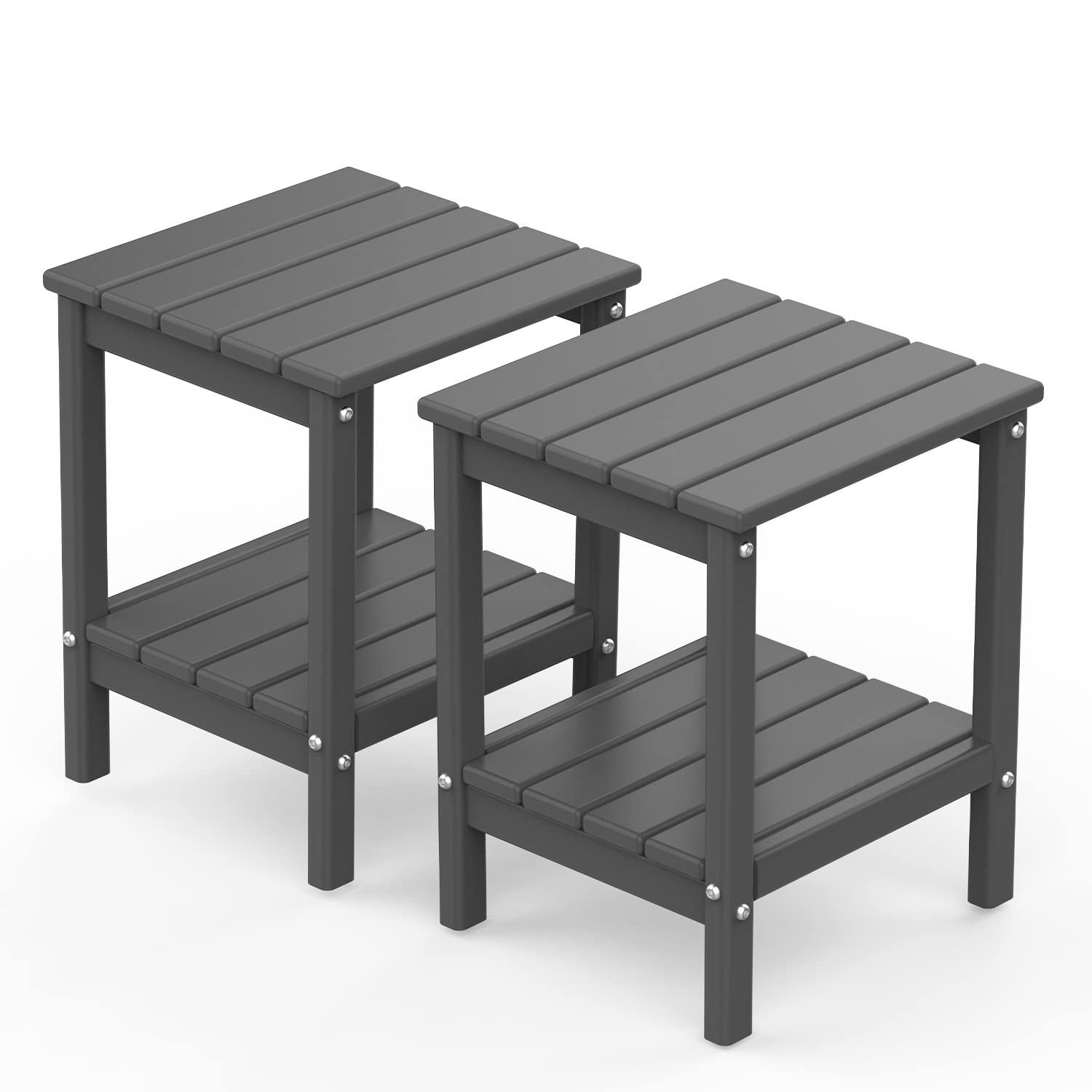 Greenvines Adirondack-Outdoor-Side-Table | Set Of 2 | 14 X 13 Inches | Hdpe Plastic | All Weather | Grey | Outside End Tables | Storage Shelf | For Patio Porch Backyard Indoor