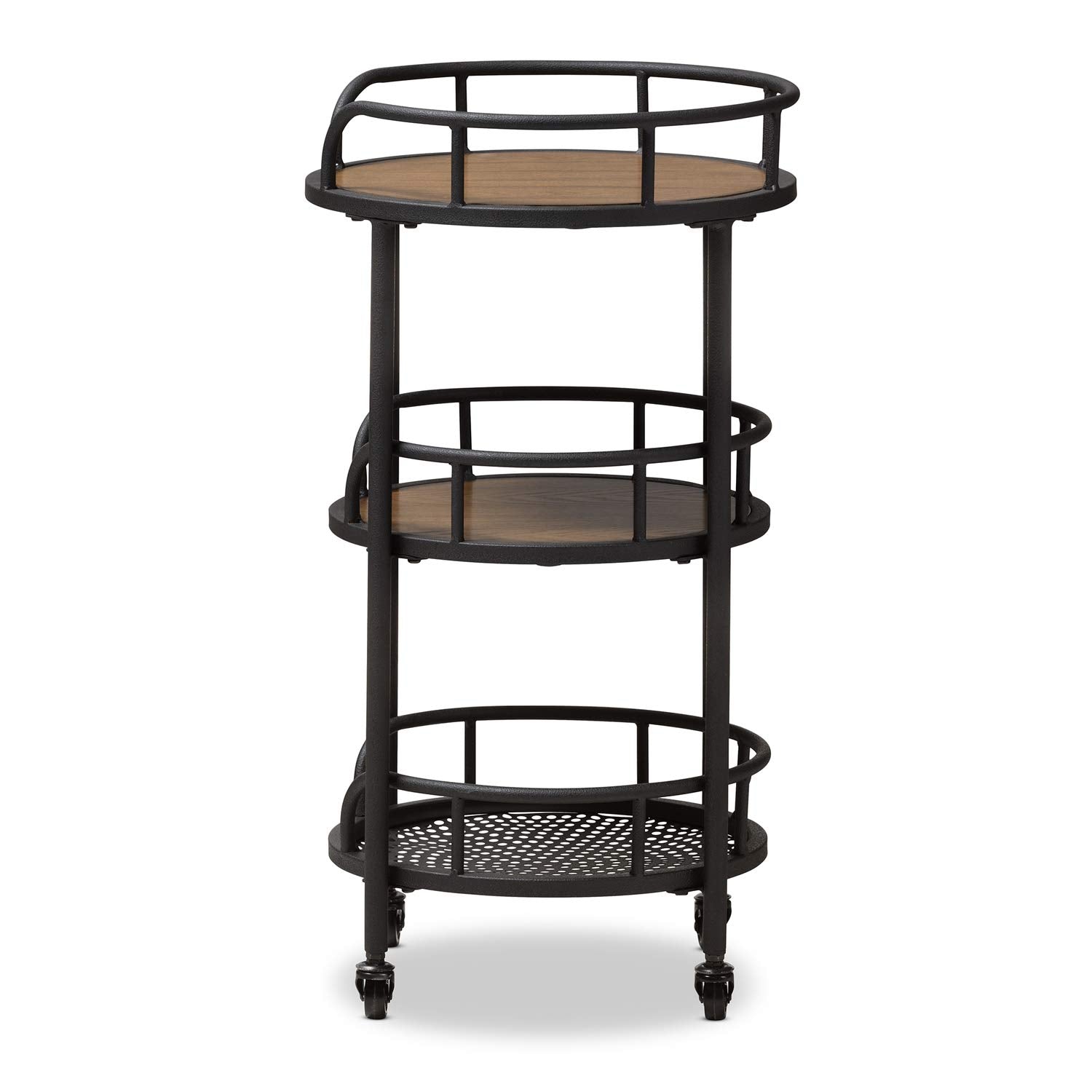 Baxton Studio Bristol Rustic Industrial Style Metal and Wood Mobile Serving Cart/Rustic Industrial/Black/Walnut Brown/Wood/Metal