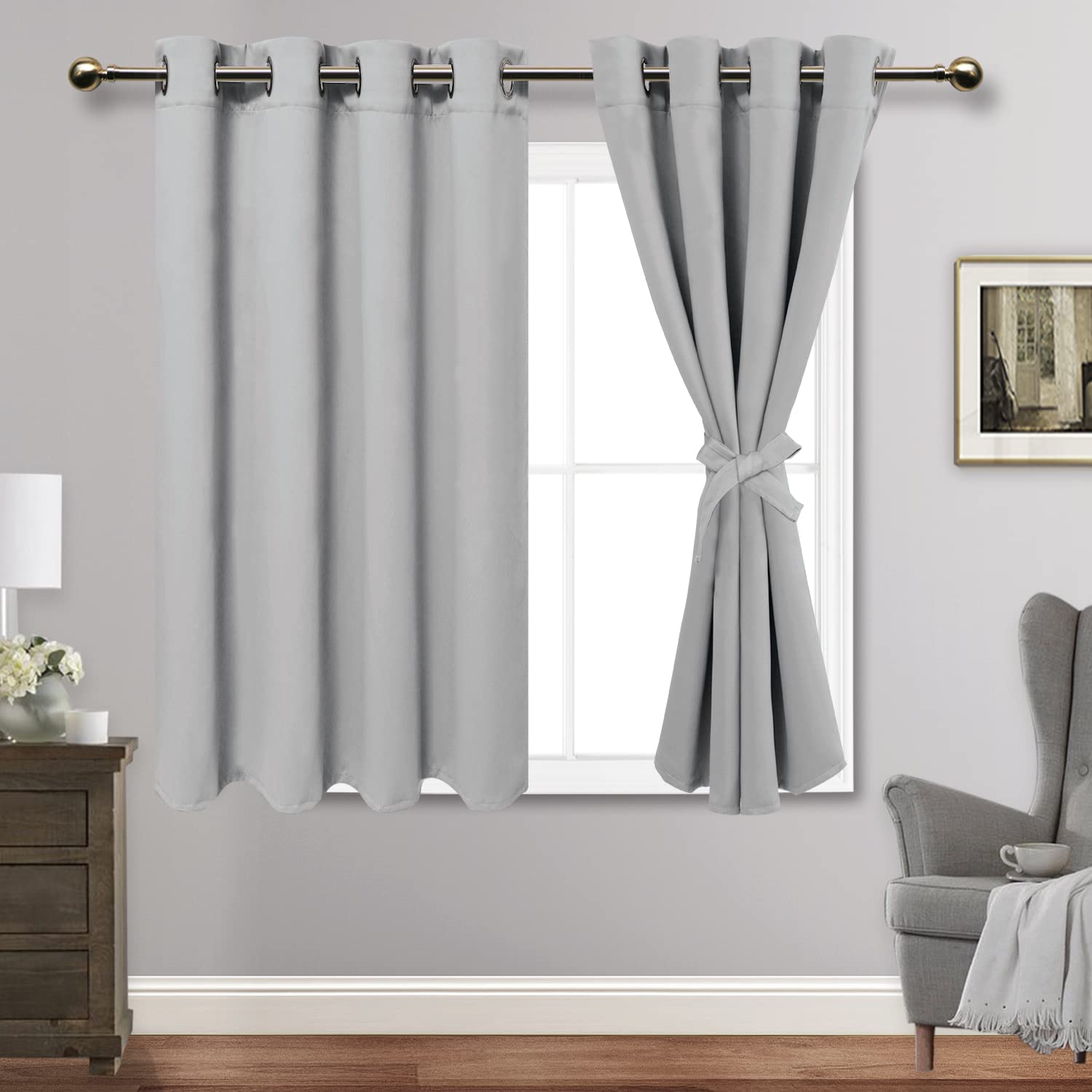 Jiuzhen Silver Grey Blackout Curtains With Tiebacks Thermal Insulated, Light Blocking And Noise Reducing Grommet Curtains For And Living Room, Set Of 2 Window Curtain Panels, 52 X 45 Inch Length