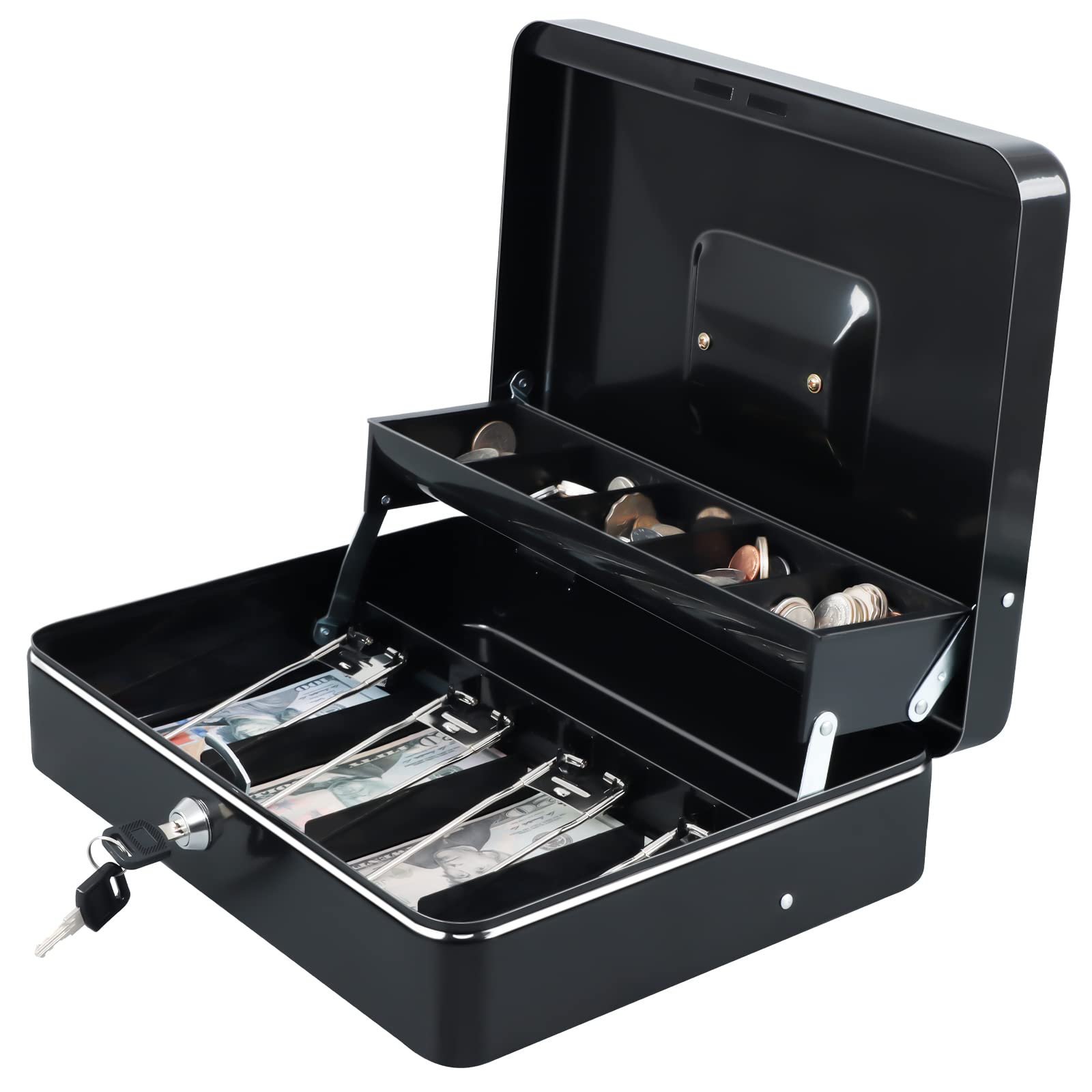 Xydled Cash Box With Money Tray And Key Lock,Tiered, Cantilever Design,4 Bill / 5 Coin Slots,11.8' X 9.5' X 3.5',Black