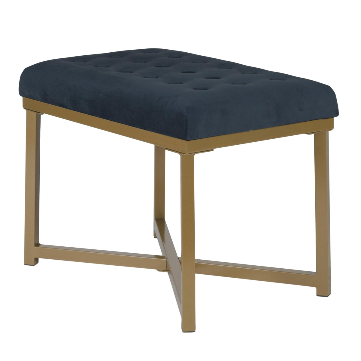 Benjara Metal Framed Bench With Button Tufted Velvet Upholstered Seat, Dark Blue And Gold
