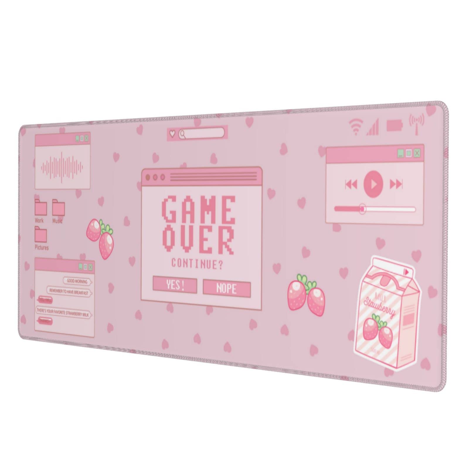 Pink Game Strawberry Milk Gaming Mouse Pad Xl, Large Extended Mousepad Desk Pad, Long Nonslip Rubber Mice Mats Stitched Edges Pl