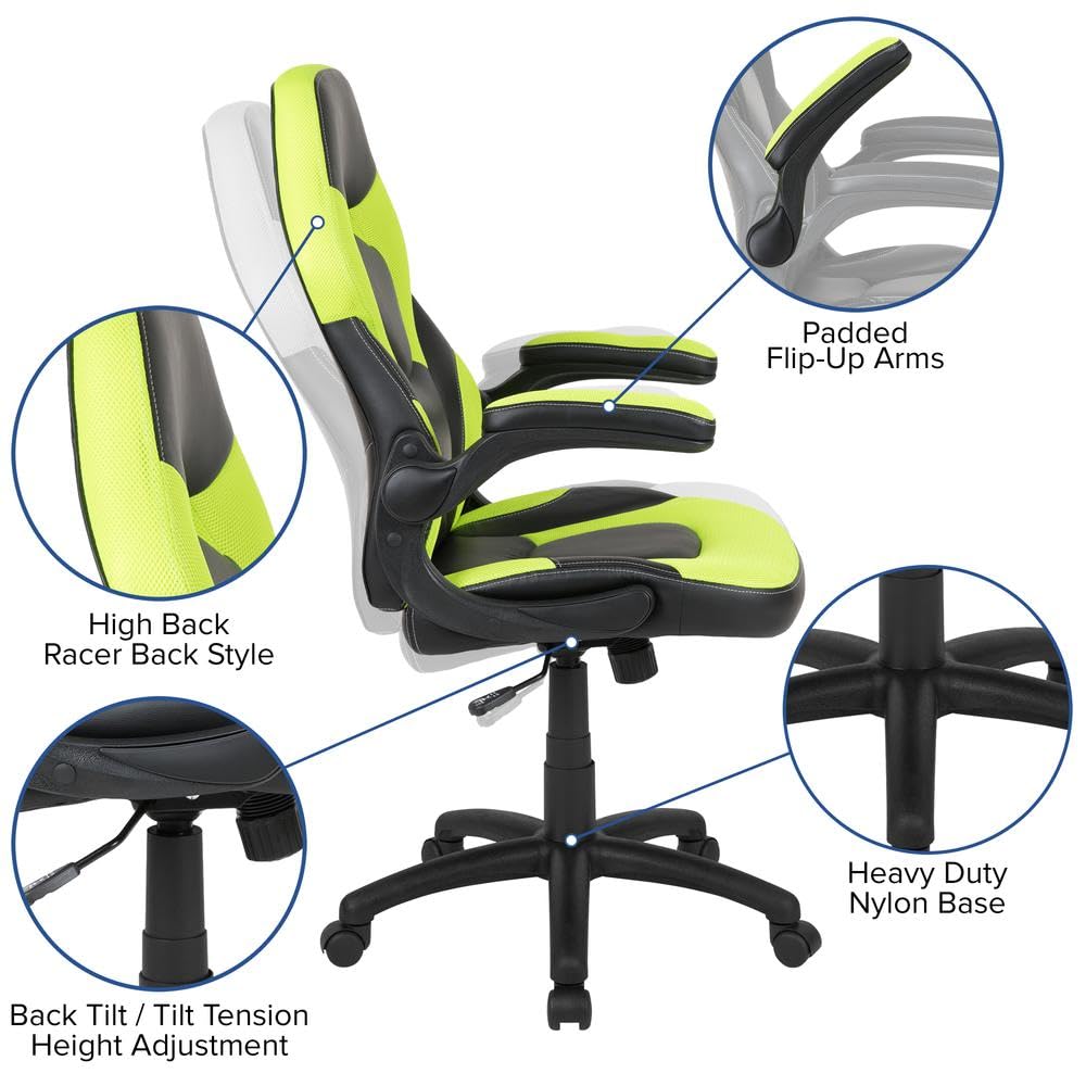 Flash Furniture X10 Gaming Chair Racing Office Ergonomic Computer Pc Adjustable Swivel Chair With Flip-Up Arms, Neon Green/Black Leathersoft