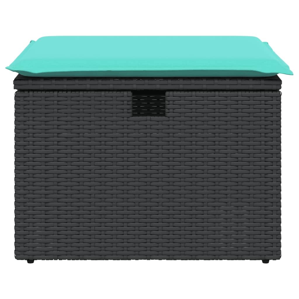 vidaXL Patio Stool with Outdoor Ottoman Storage, Black Poly Rattan, Blue Cushion, UV-Resistant, Waterproof Cover- 21.7"x21.7"x14.6"