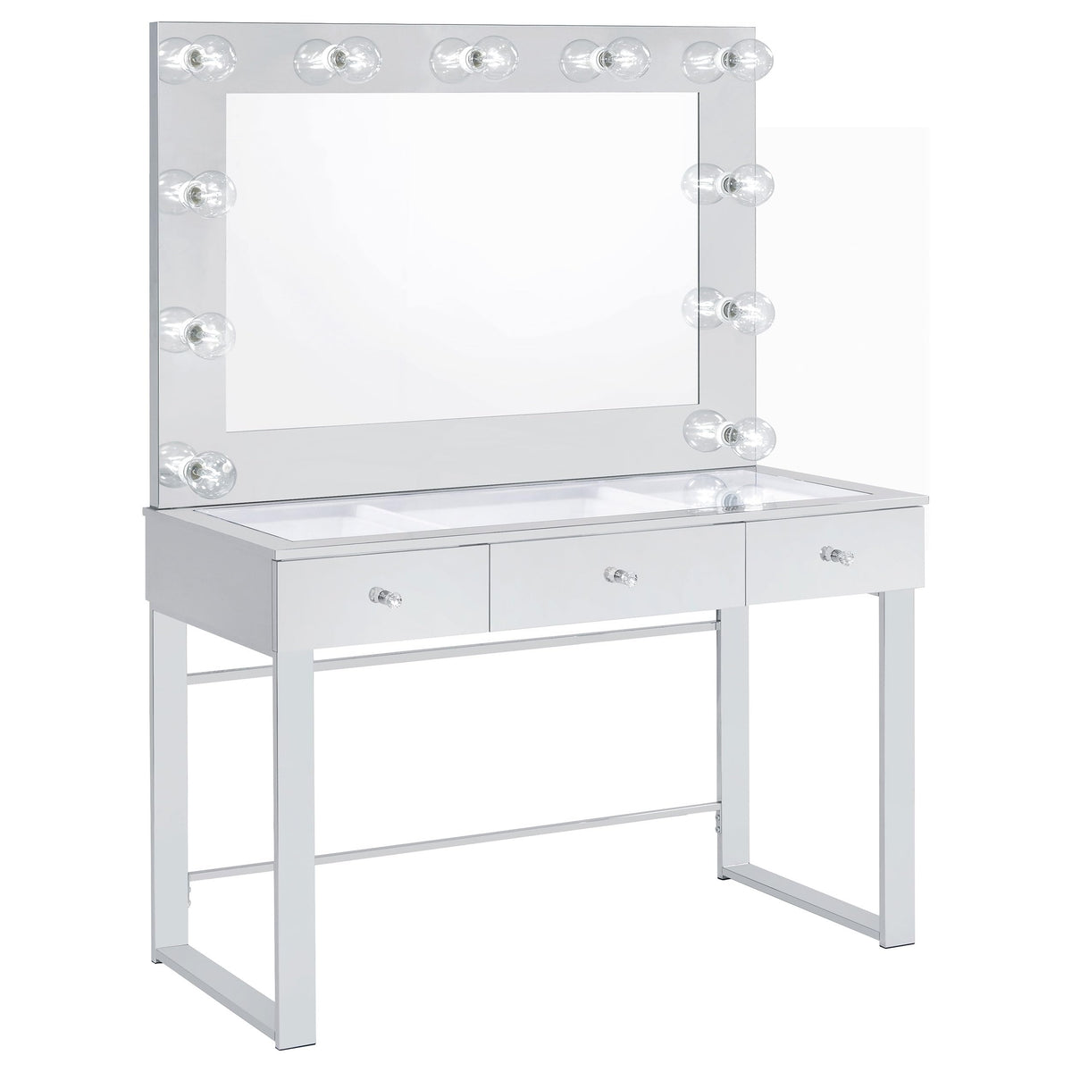 Coaster Home Furnishings Umbridge Modern Classic 2-Piece 3-Drawer Chrome Metal Wrapped Makeup Vanity Desk with Hollywood Vanity Mirror for Bedroom Makeup Table Tempered Glass Top Chrome 935934