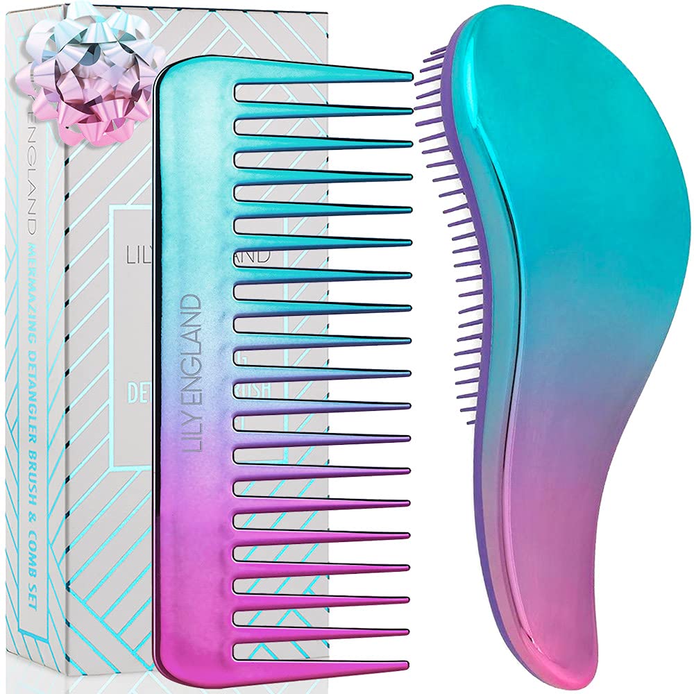 Detangling Brush And Wide Tooth Comb Set - Lightweight Hair Brush And Comb For Women And Kids Easy To Hold Hairbrush For Wet Or