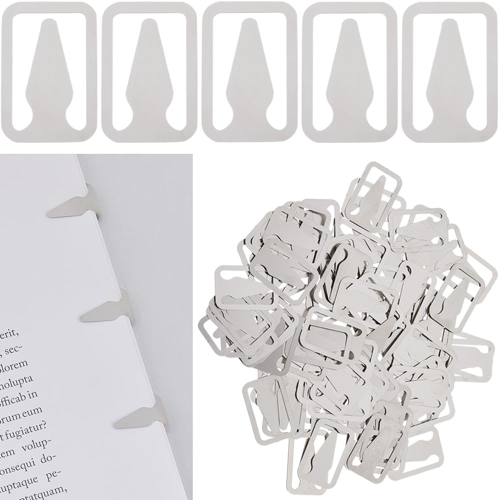 Sunnyclue 1 Box 100Pcs 304 Stainless Steel Bookmarks Metal Book Line Markers Silver Rectangle With Arrow Book Page Markers Clips