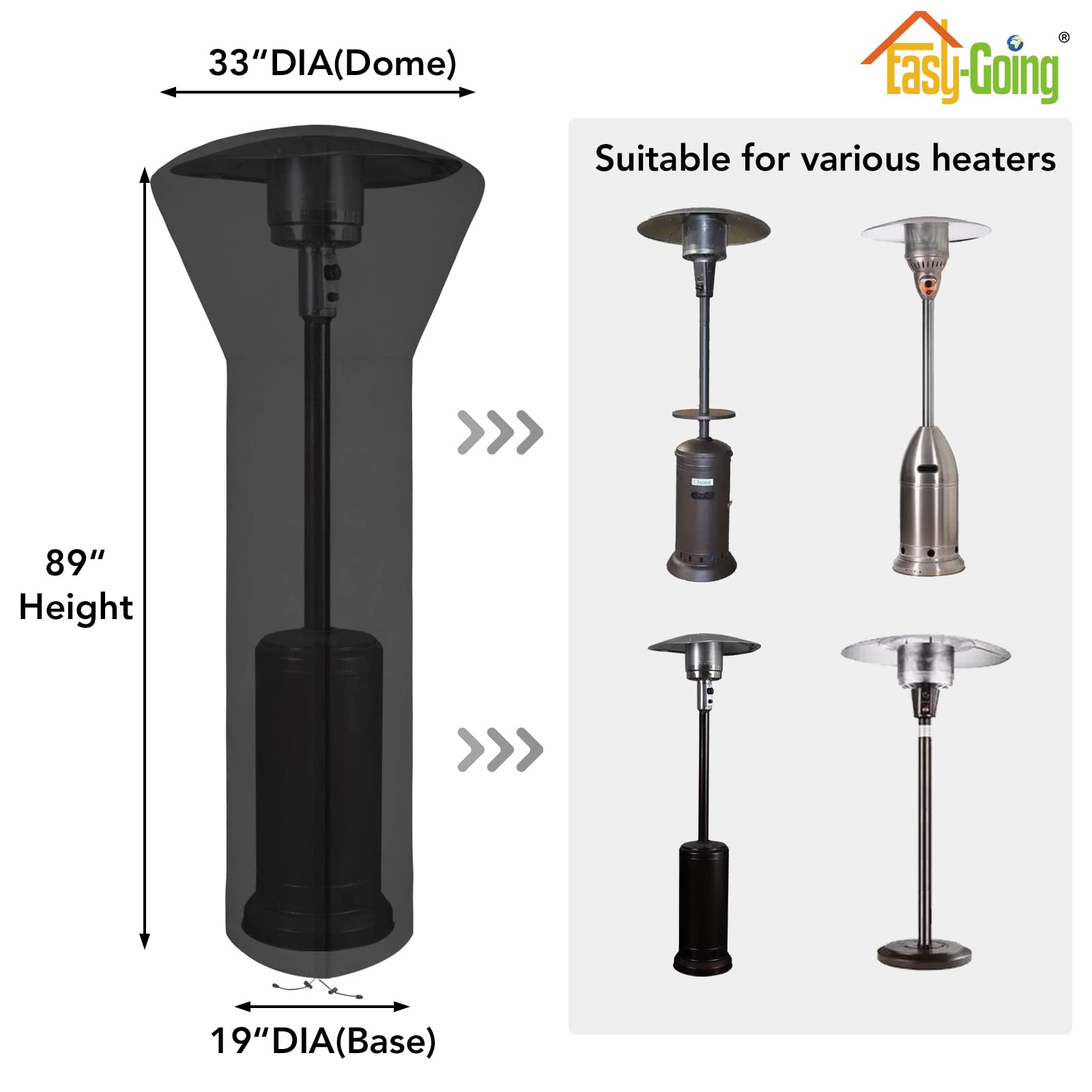 Easy-Going Patio Heater Cover With Zipper And Storage Bag, Waterproof Outdoor Heater Cover Dustproof, Uv-Resisant, Wind-Resistant (89'H X 33'D X 19'B, Black)