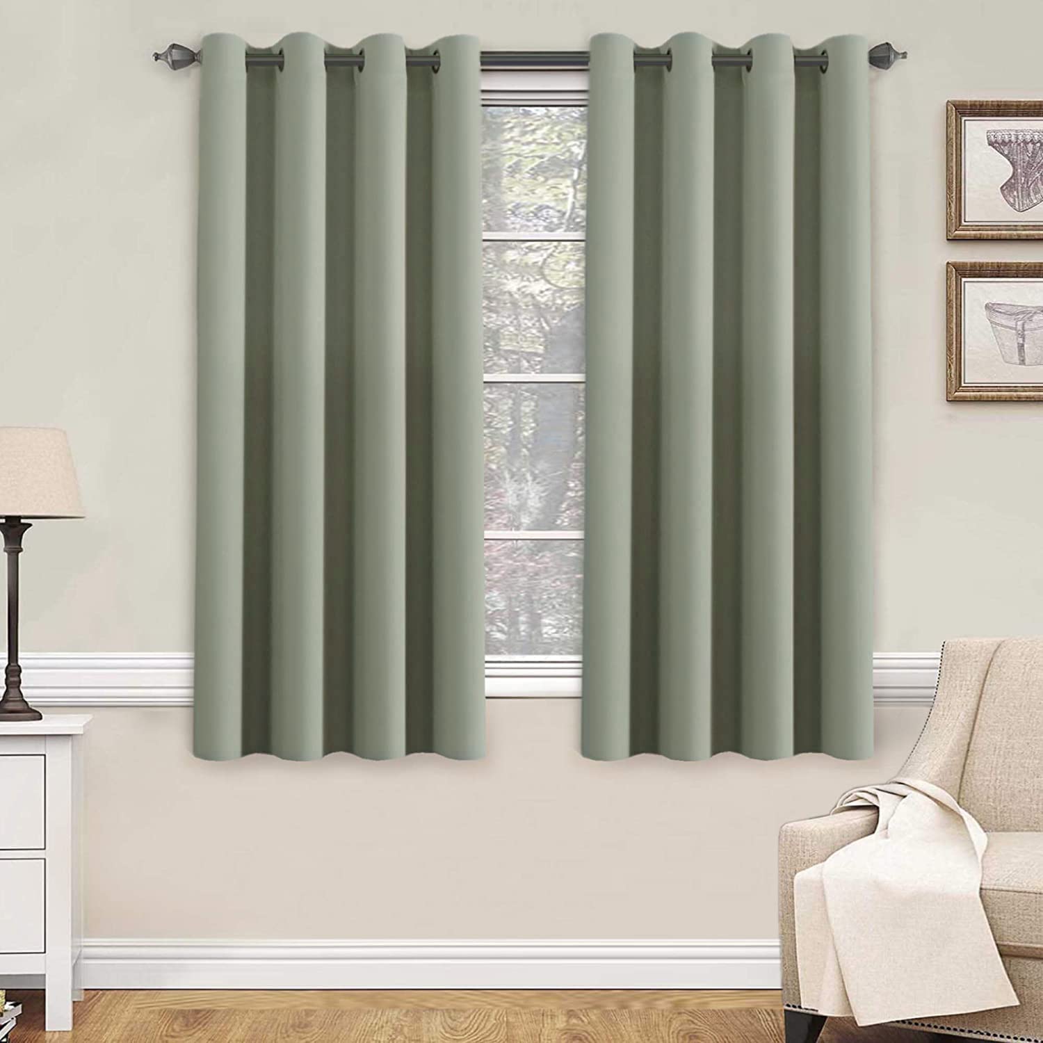 H.VERSAILTEX Blackout Room Darkening Thermal Insulated Grommet Window Curtain for Living Room, Light Sage,52x63-inch,Sold by 2 P
