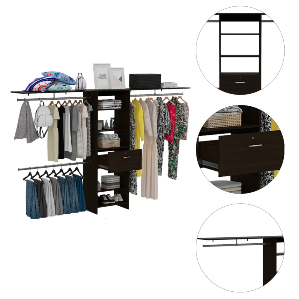 Zamora 70&Quot;W - 118&Quot;W Closet System, 3 Hanging Rods, 5 Shelves, 1 Drawer, Black
