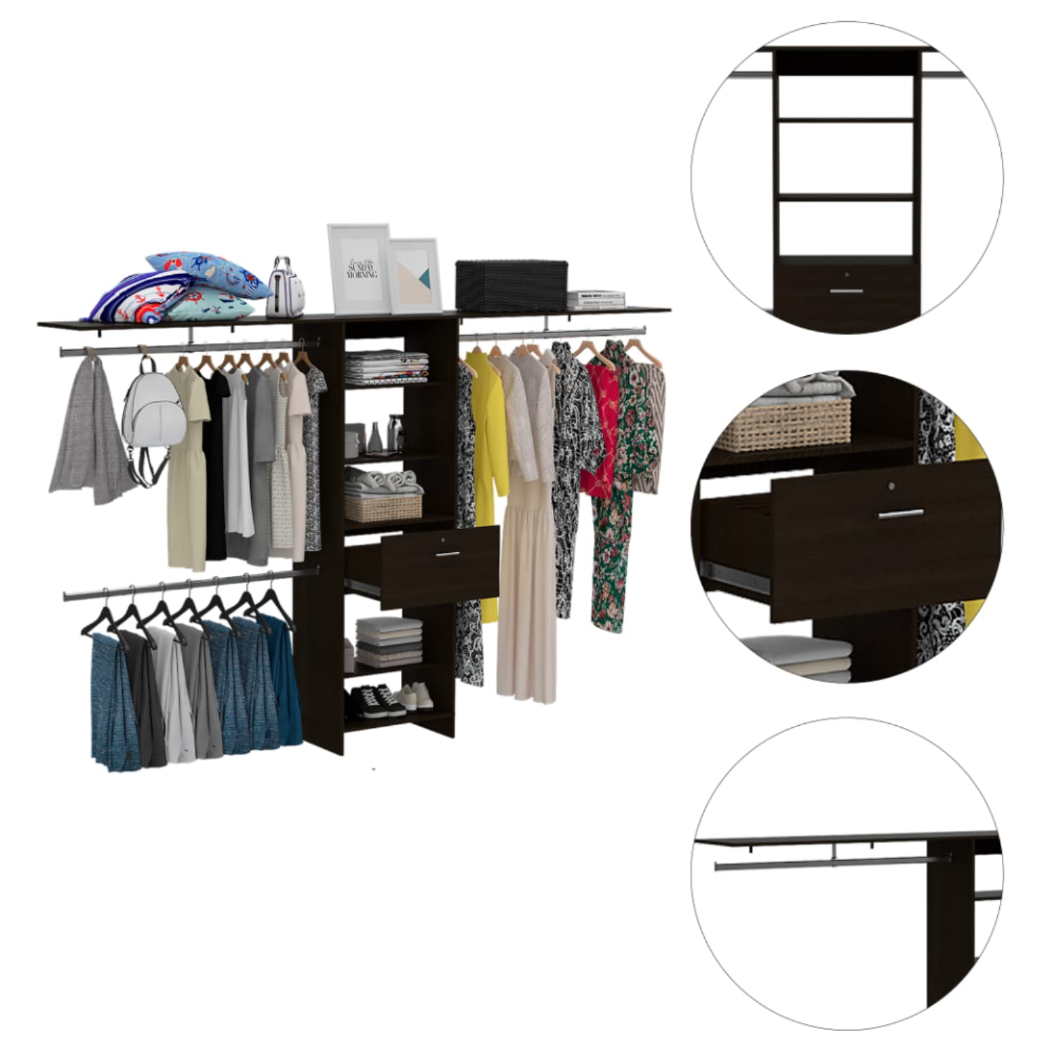 Zamora 70&Quot;W - 118&Quot;W Closet System, 3 Hanging Rods, 5 Shelves, 1 Drawer, Black