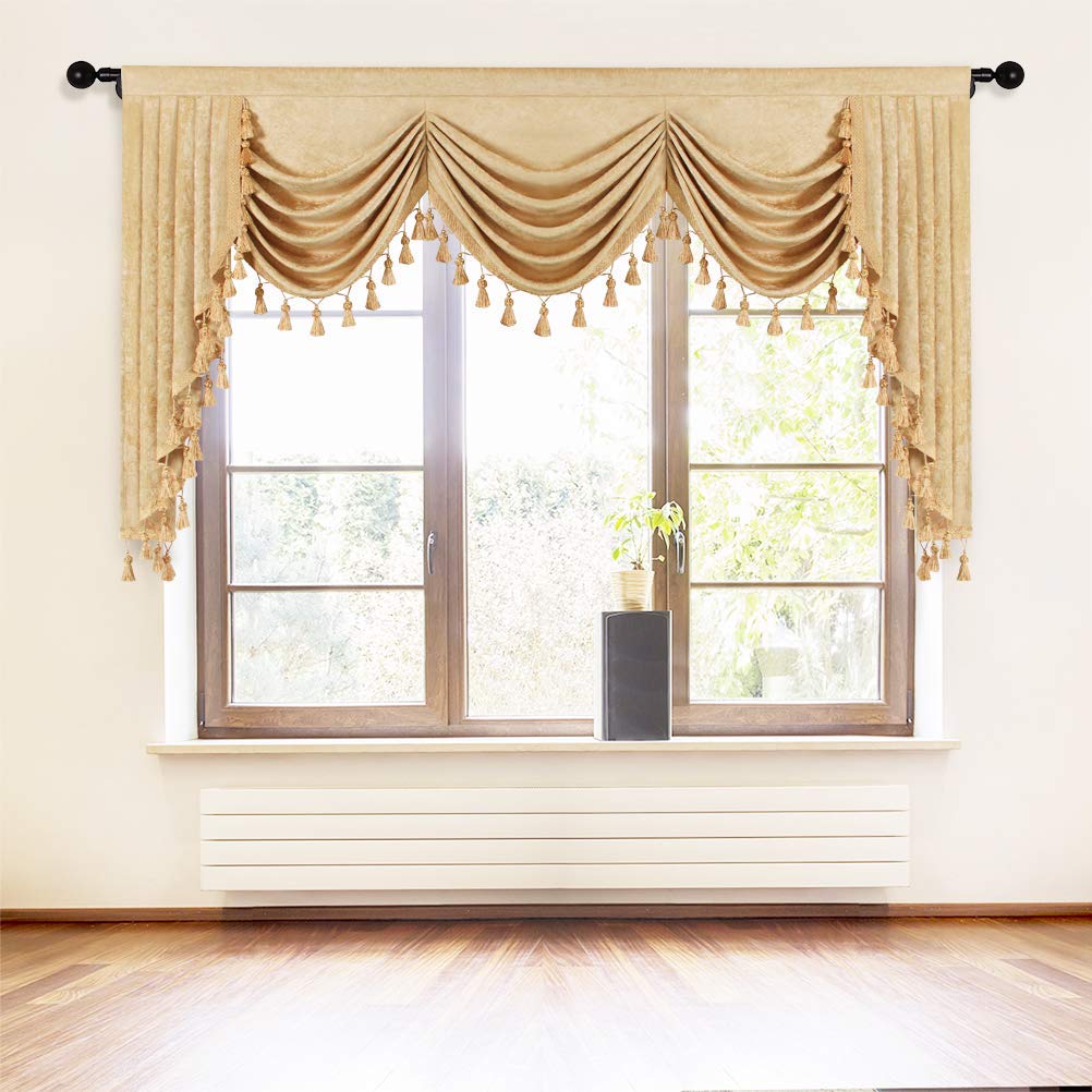 Elkca Thick Chenille Window Curtains Valance For Living Room Luxury Gold Waterfall Valance For Bedroom (W79, 1 Panel)