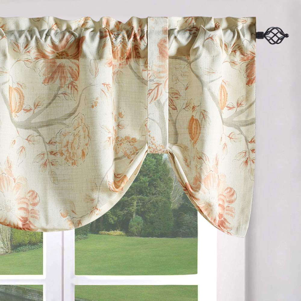 Leeva Tie Up Shade Curtains For Small Windows, Linen Textured Floral Print Pattern Tie-Up Small Curtain Valances For Bathroom, O