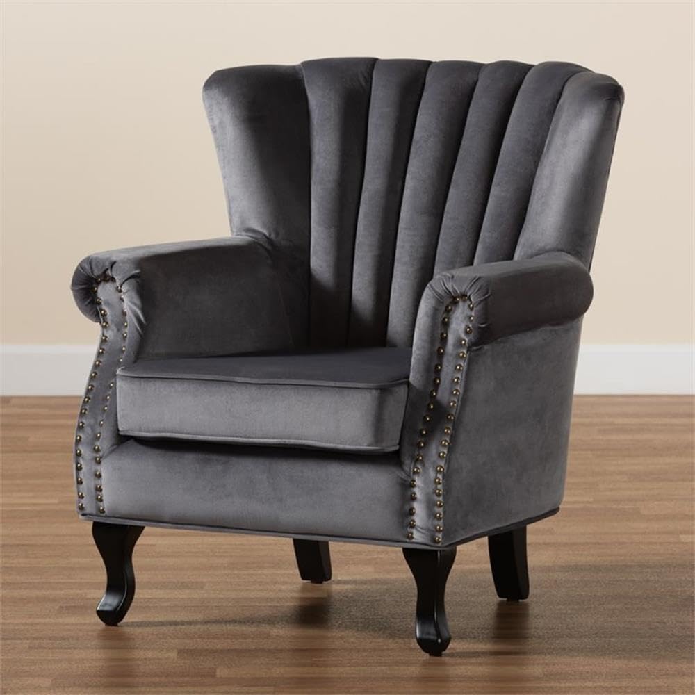 Baxton Studio Relena Gray Velvet and Dark Brown Finished Wood Armchair