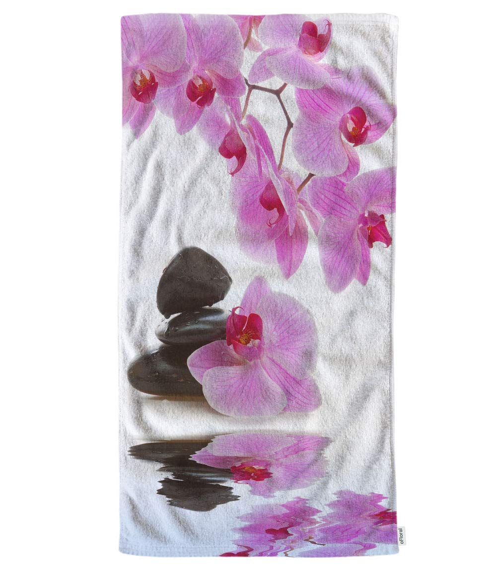 oFloral Pink Flower Hand Towels Cotton Washcloths,Orchid and Leaves Stone in Water Reflection Super-Absorbent Soft Towels for Ba