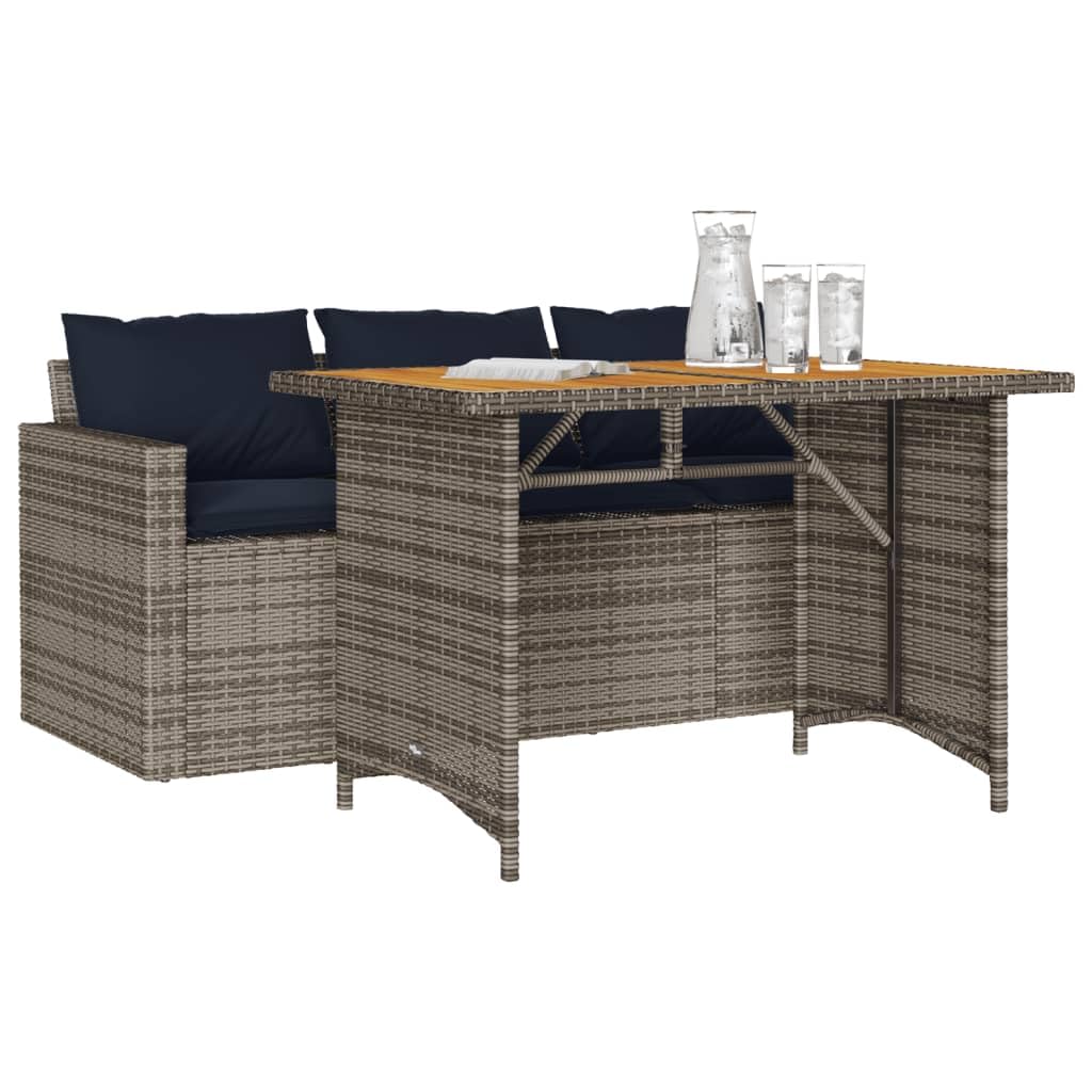 vidaXL Outdoor Patio Dining Set?2 Piece Poly Rattan Furniture w/Cushions ?3-Seater Sofa & Acacia Wood Table - Gray/Navy Blue