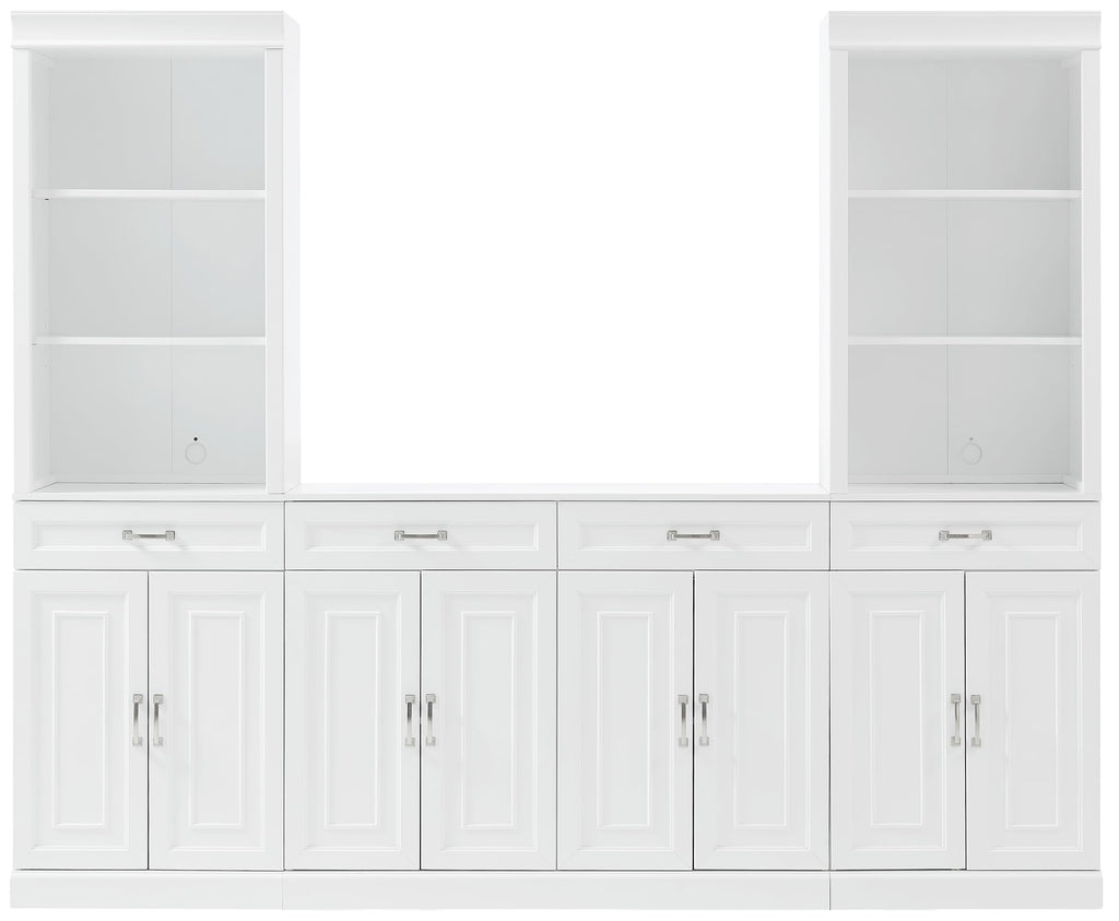 Crosley Furniture Stanton 3-Piece Sideboard and Storage Bookcase Set, Bookshelf Cabinet with Buffet, White