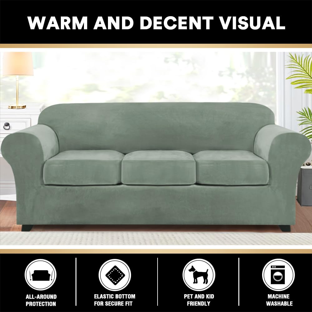 Princedeco 4 Pieces Couch Covers Velvet Couch Covers For 3 Cushion Sofa Soft Furniture Protector With Non Slip Elastic Bottom Washable Couch Covers Width Up To 90 Inch(Large, Seagrass)