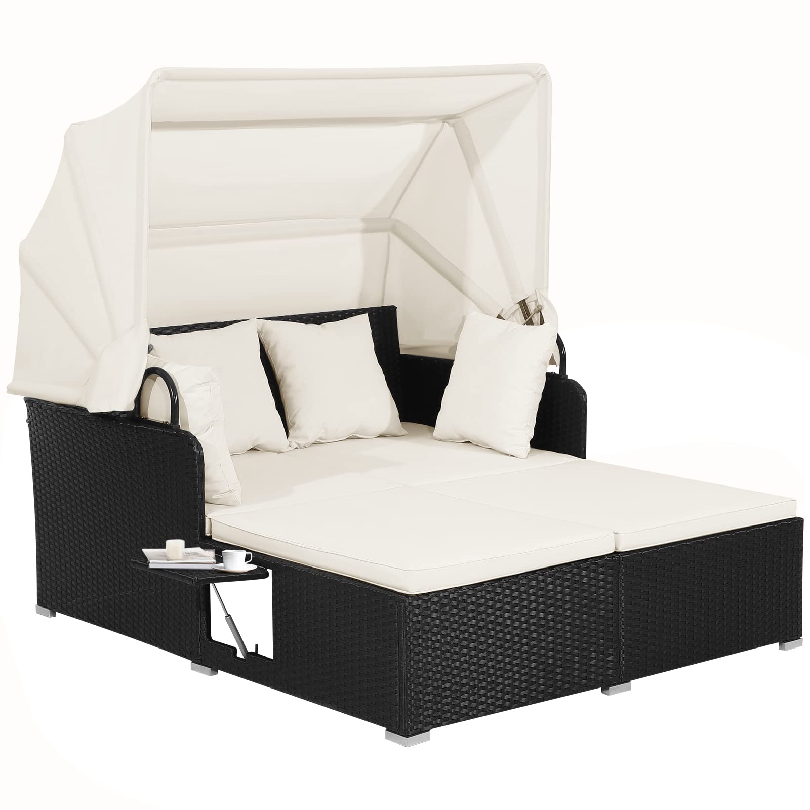 Tangkula Patio Rattan Daybed, Patiojoy Wicker Daybed Lounger w/Retractable Canopy, 2 Foldable Side Panels, Thick Seat & Back Cus