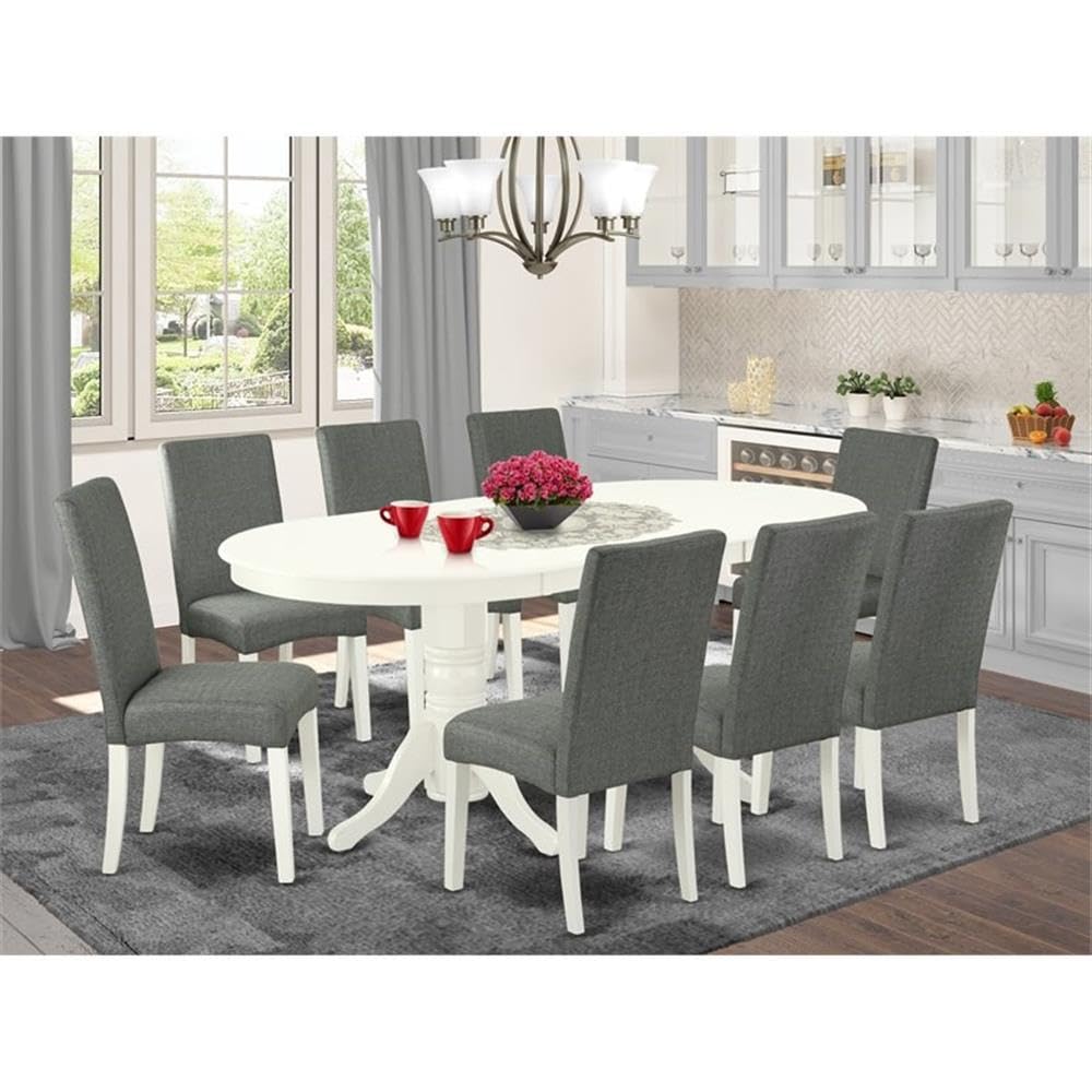 East West Furniture Vadr9-Lwh-07 9 Piece Kitchen Table Set Includes An Oval Dining Table With Butterfly Leaf And 8 Gray Linen Fabric Parson Dining Chairs, 40X76 Inch, Linen White