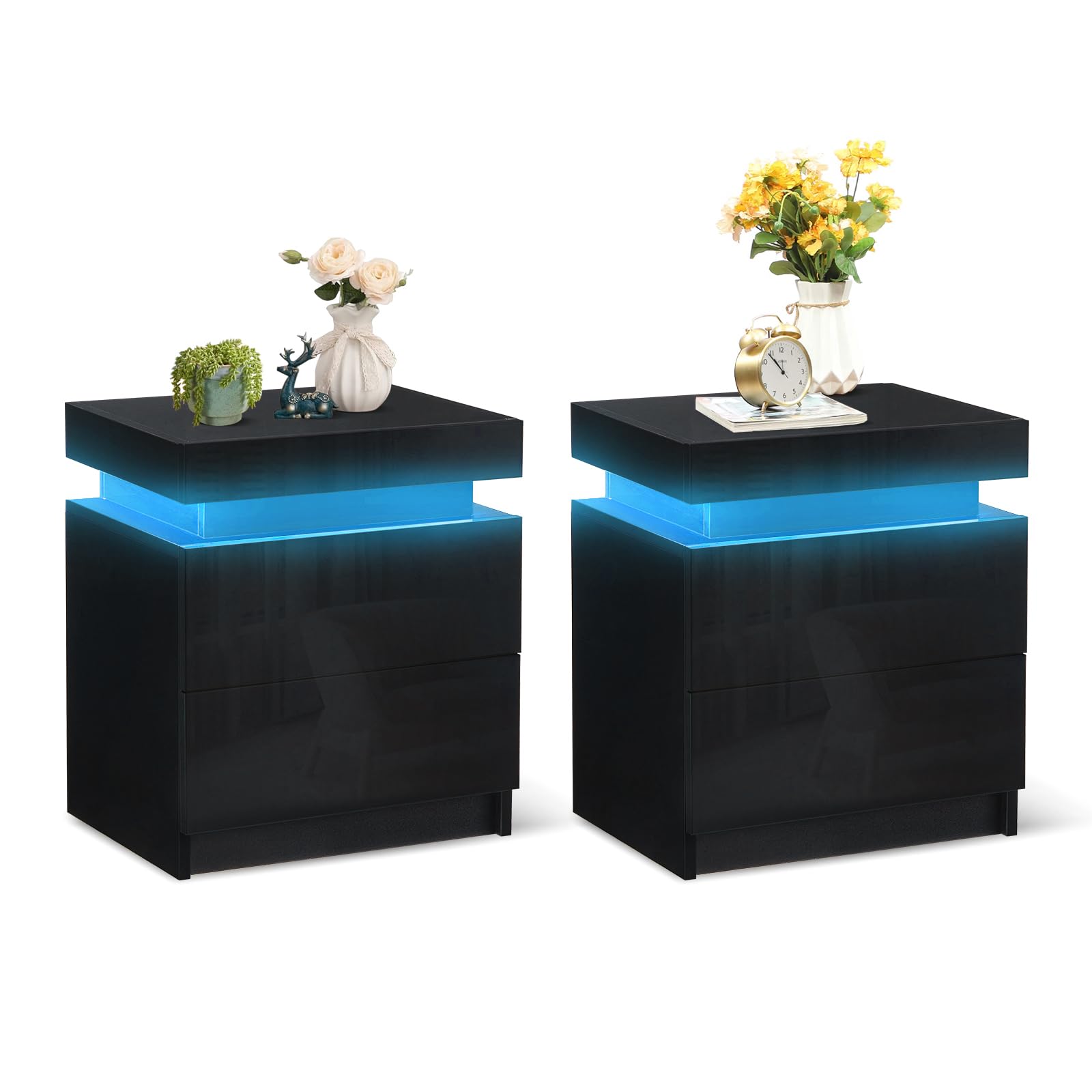 Tukailai Modern Nightstands Set Of 2 With Led Lights, Smart Bedside Table Cabinet With 2 Drawers And Flip Top Storage, High Gloss Chest Of Drawers For Bedroom (Black)