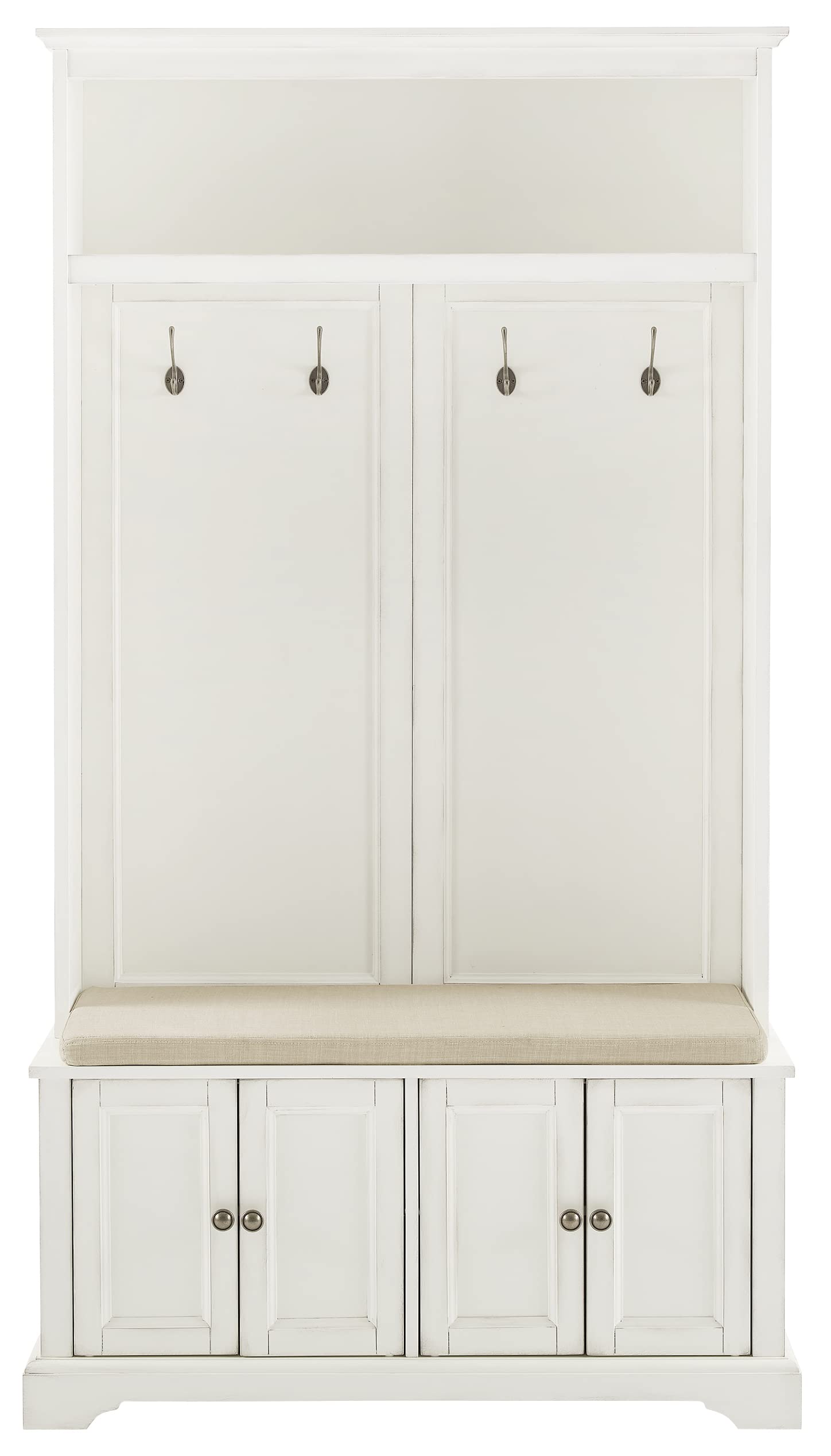 Crosley Furniture Holbrook Hall Tree with Shoe Rack Bench and Coat Hooks for Hanging Storage, Distressed White
