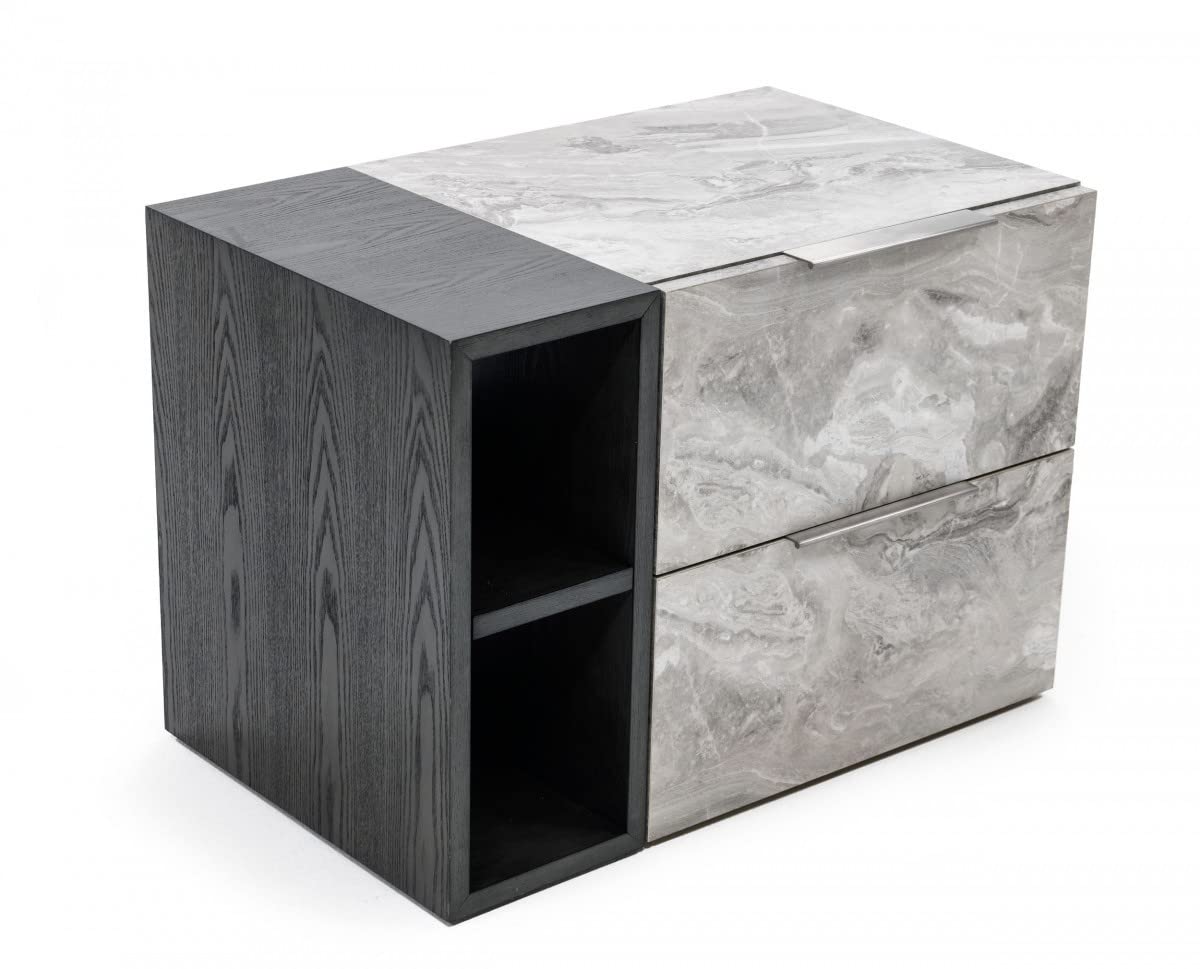 HomeRoots Grey Wash & Faux Marble Veneer, MDF Contempo Gray Faux Marble and Gray Two Drawer Nightstand