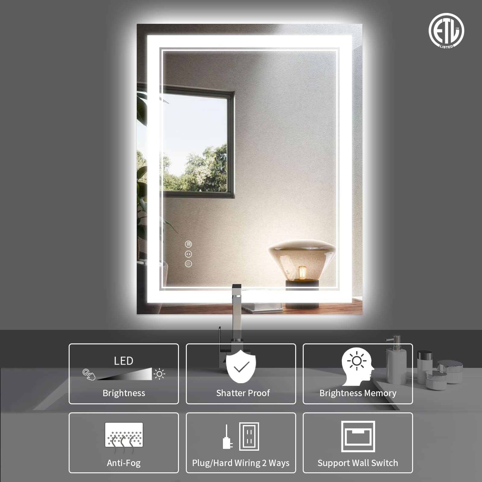 Istripmf 24X32 Inch Led Bathroom Mirror With Lights, Front Light And Backlit Anti-Fog Dimmable Memory Lighted Vanity Mirror, Sha