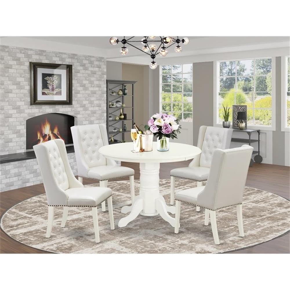 East West Furniture SHFO5-WHI-44 5 Piece Dinette Set for 4 Includes a Round Kitchen Table with Pedestal and 4 Light Grey Faux Leather Parson Dining Chairs, 42x42 Inch, Linen White