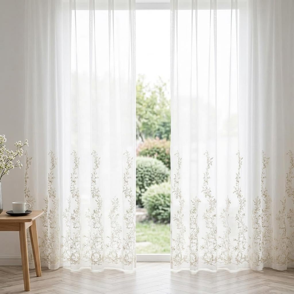 Zibuyu Floral Embroidered Sheer Curtains with 10 Hooks, Set of 2, Light Filtering Semi Sheer Drapes, Elegant Window Curtains for