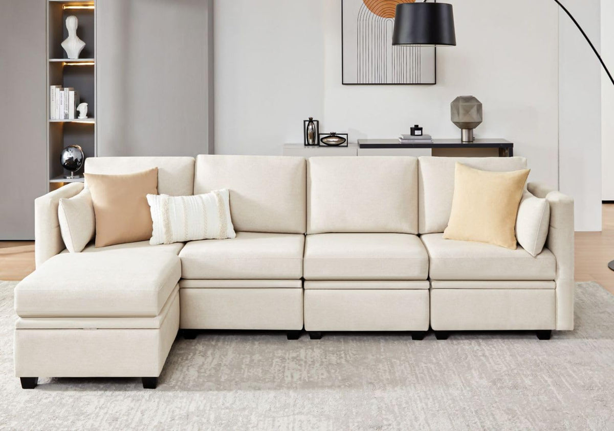 Weture Modular Sectional Sofa With Storage, U Shaped Sectional Couch For Living Room, Convertible Modular Sofa Couch With Ottomans, High Supportive & Soft Sponge, 5 Seat, Beige