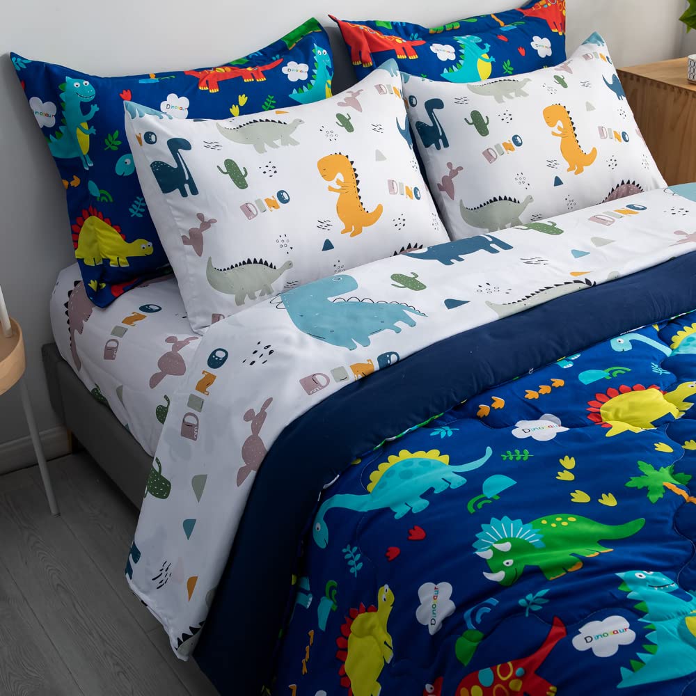 Wajade 7 Piece Kid Boys Dinosaur Comforter Set Full Size 3D Blue Dinosaur Wild Park Jungle Print Bedding Set With Comforter, She
