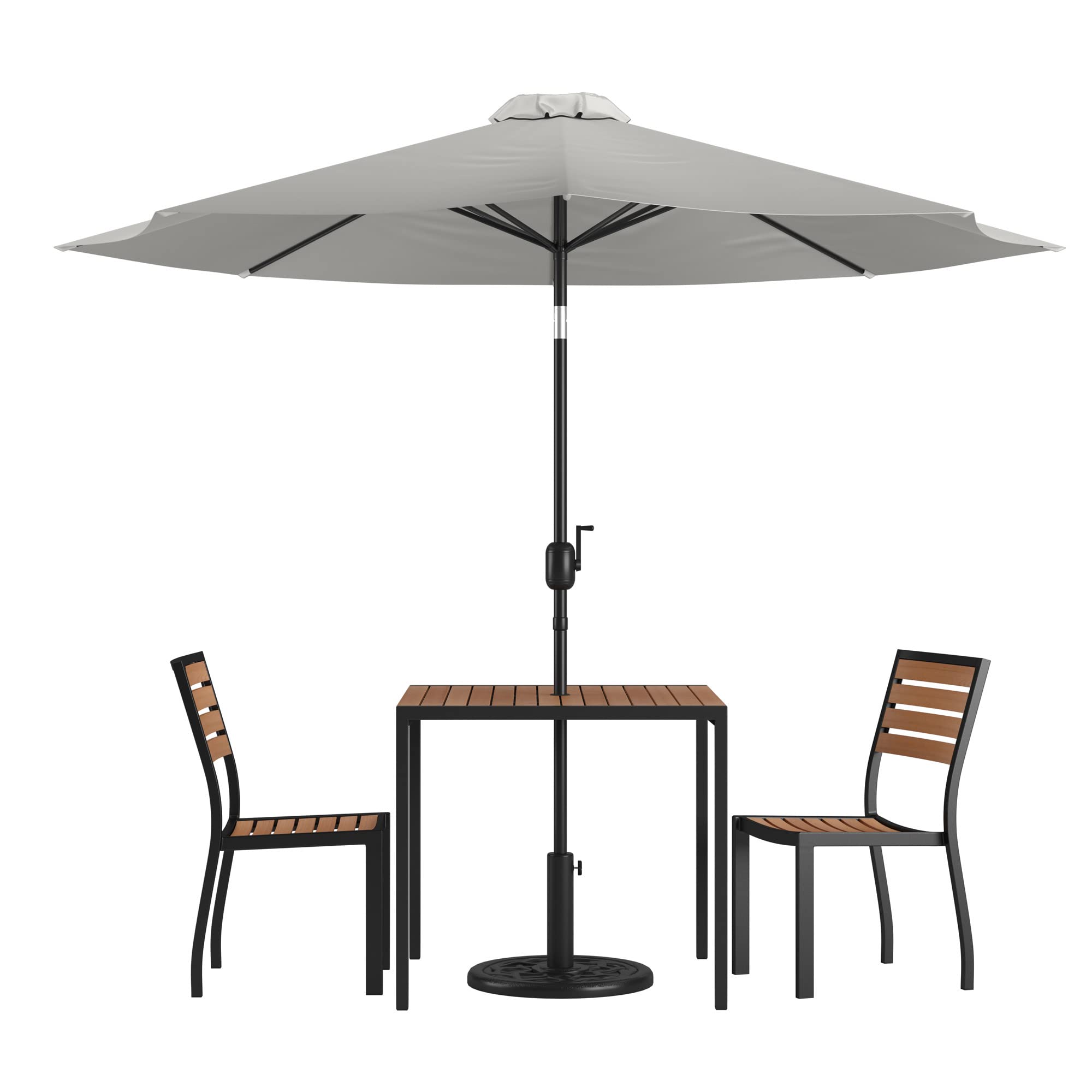 Flash Furniture Lark 5 Piece Patio Table Set - 2 Synthetic Stackable Faux Teak Chairs - 35&quot; Square Faux Teak Table - Gray Umbrella with Base